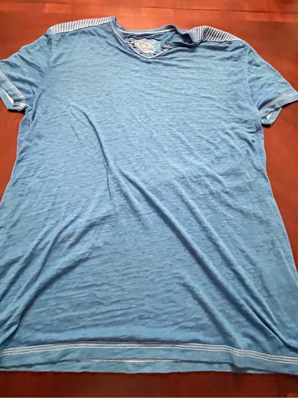 BKE-Buckle Light Blue V-Neck Short Sleeve Tee with Striped Shoulder Accents